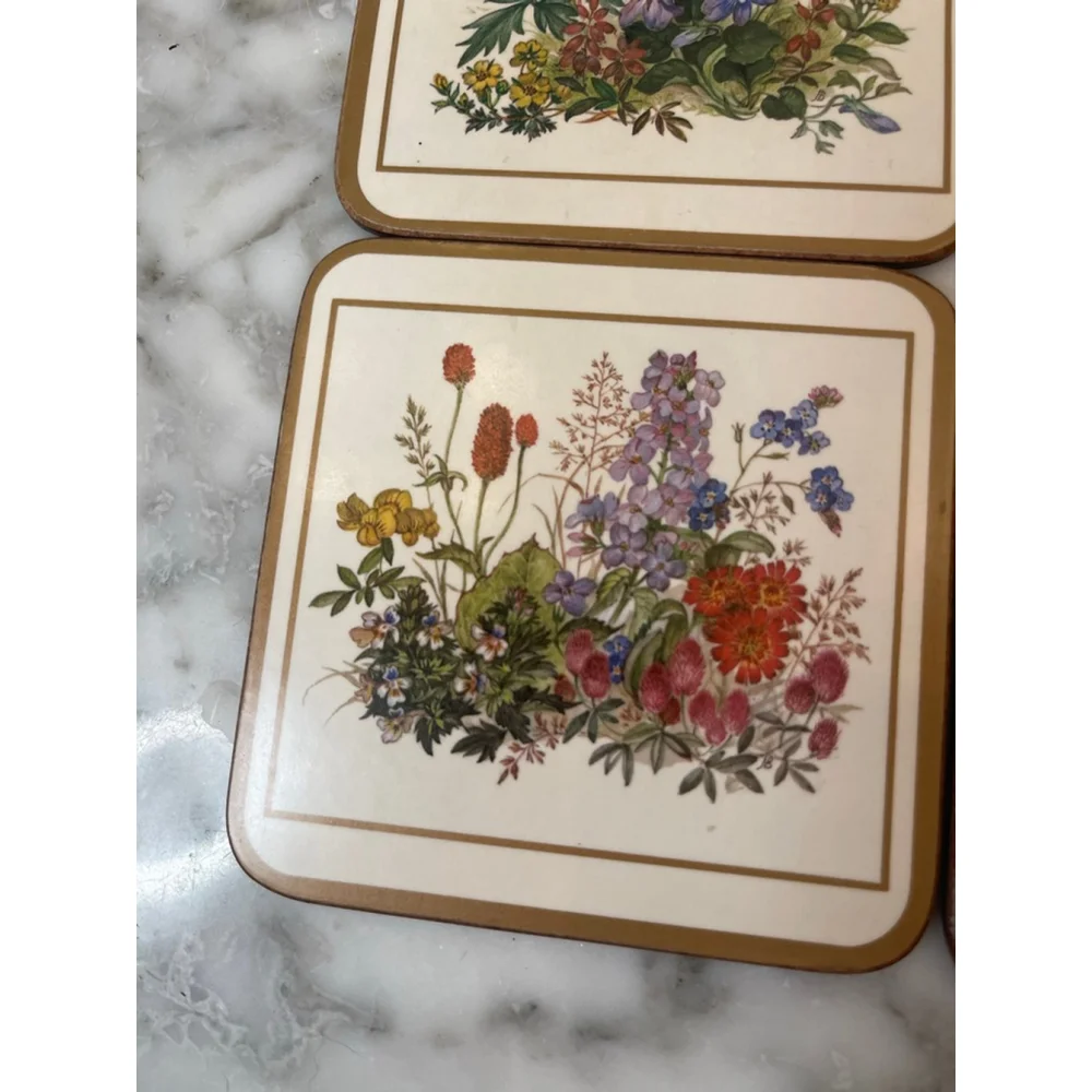 Vintage Pimpernel Acrylic Floral Coasters Set of 6 Made in England 4” Square